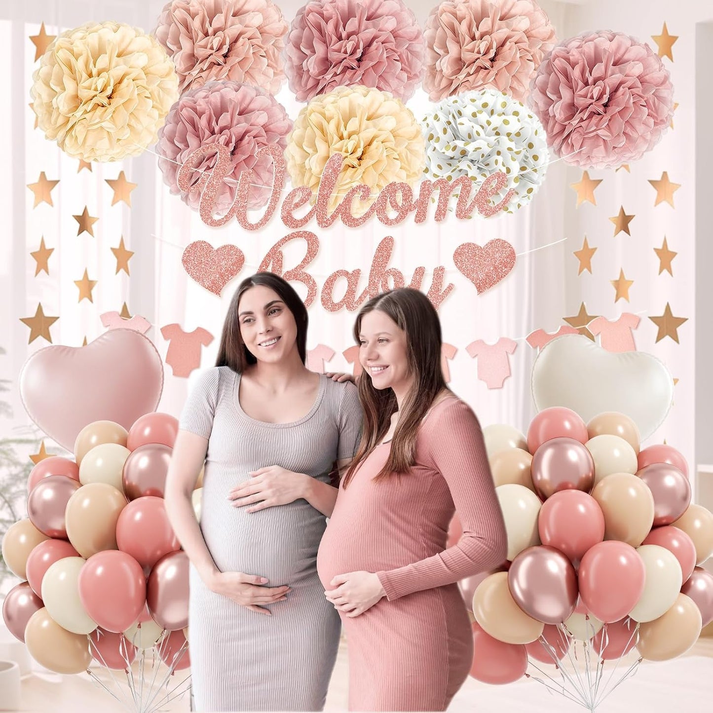Pink Baby Shower Decorations with Dusty Light Pink Beige Gold Paper Pompoms Nude Sand White Metallic Rose Gold Balloons Banner Gold Garland for Baby Shower Decorations