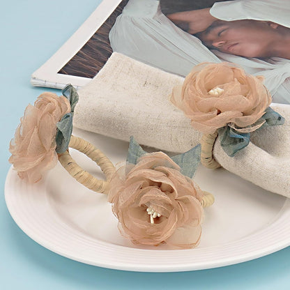 Handcraft Flower Napkin Rings Set of 6– Blush Beige Camellia Tulle Napkin Holders for Dining Table Decor, Weddings, Parties, Birthday & Thanksgiving