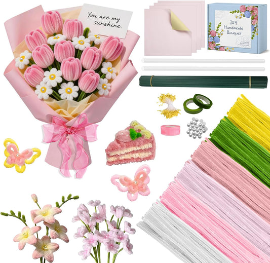 AZEAM 630 Pcs Pipe Cleaner Craft, 500 Pcs Pink Pipe Cleaner Bulk with 6 Color Chenille Stems for Flower Kit Pastel Fluffy Fuzzy Sticks for Craft DIY Art Party Decoration