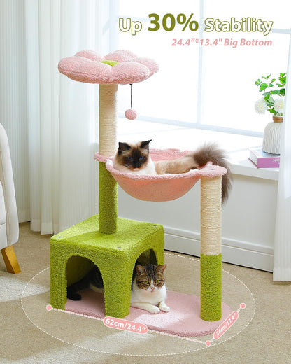 PEQULTI Flower Cat Tree, 36.6" Pink Cat Tower with Sisal Scratching Posts for Indoor Cats, Large Hammock, Condo and Pink Top Perch for Kittens, Fluffy Ball, Blue