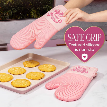 Paris Hilton Oven Mitt Set with Iconic That's HOT Design, Heat Resistant Pot Holders Featuring Non-Slip Textured Silicone Grips, 2-Piece Set, Pink