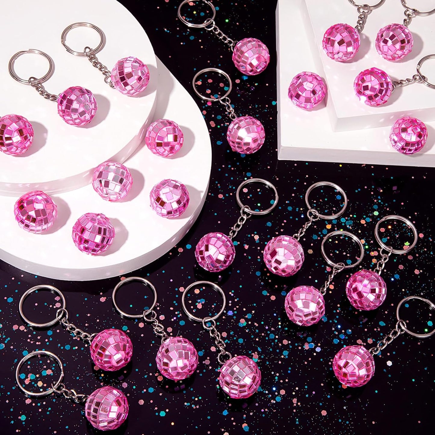25Pcs Pink Disco Ball Keychain, Mini Small Pink Mirror Disco Ball Bulk Keyring Party Favors for 70s 80s Party Supplies Decorations