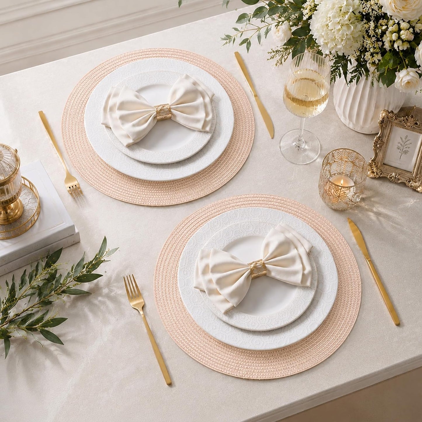 Feuille Round Braided Placemats Set of 4 14 Inch Dusty Pink Woven Placemats for Dining Table Washable Non-Slip Table Mats for Kitchen Farmhouse and Indoor Outdoor Dining