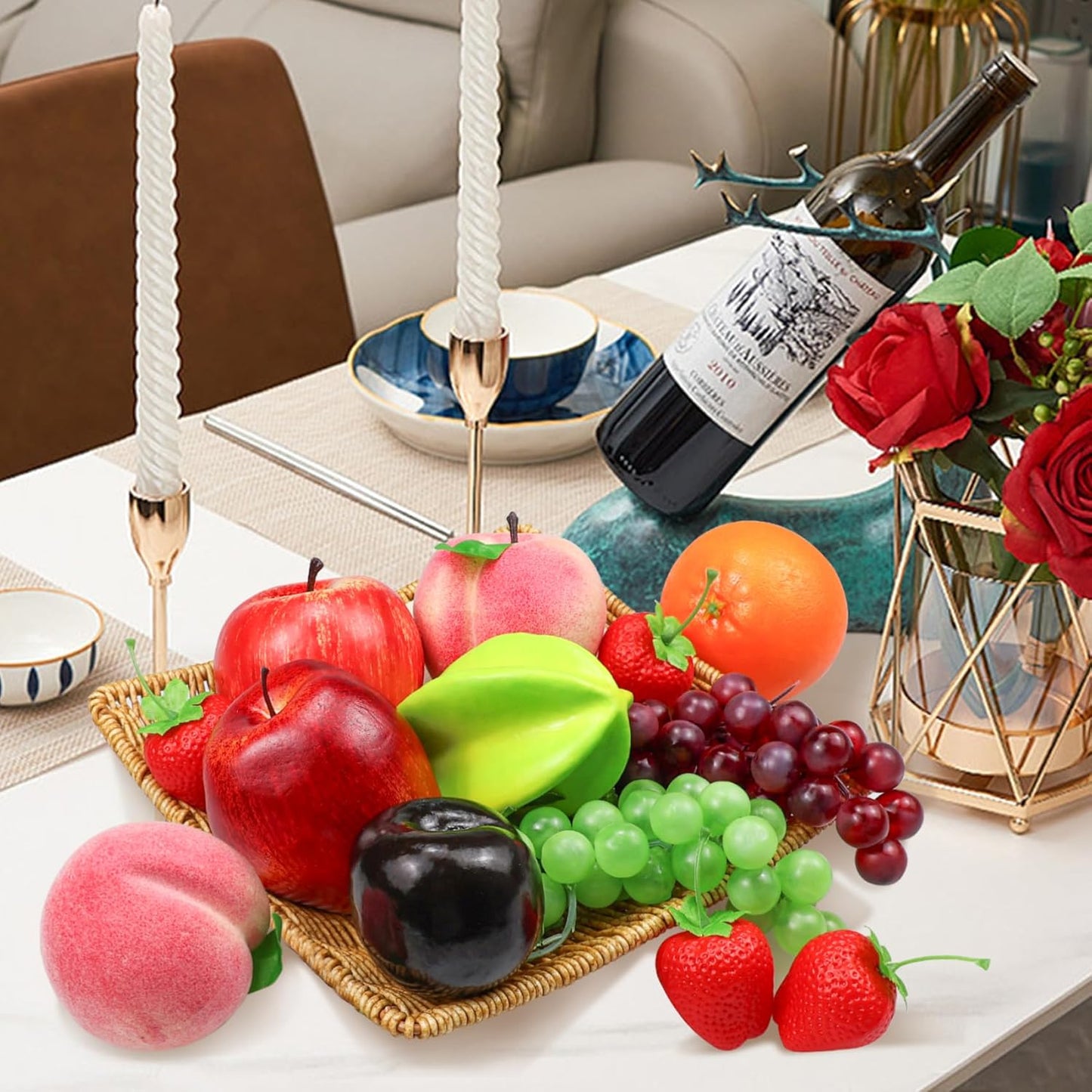 Fake Fruits Pack, Artificial Fruits Decoration Lifelike Fake Mixture Fruits for Home Decor, Simulation Faux Fruit Prop for Photoshoot, Artificial Apples Peaches Grapes Strawberries, 13 Pieces/Set
