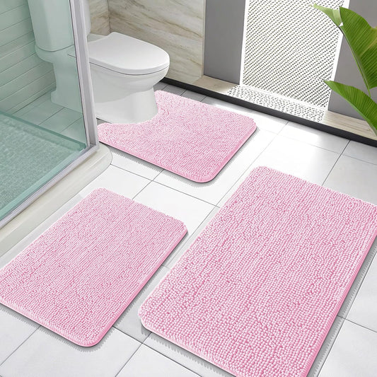 OLANLY Bathroom Rugs Sets 3 Piece, Soft Absorbent Chenille Bath Mats and U-Shaped Contour Toilet Rug, Quick Dry, Home Decor Accessories, Bath Mat Set for Bathroom (30"x20"+24"x16"+24"x20", Pink)