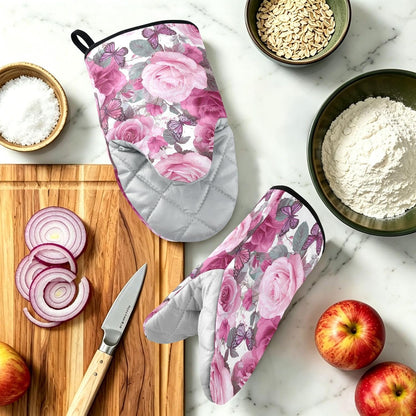 Oven Mitt 2 Pack Set Vivid Pink Rose Flowers Kitchen Mitts Gloves for for Cooking Baking Grilling