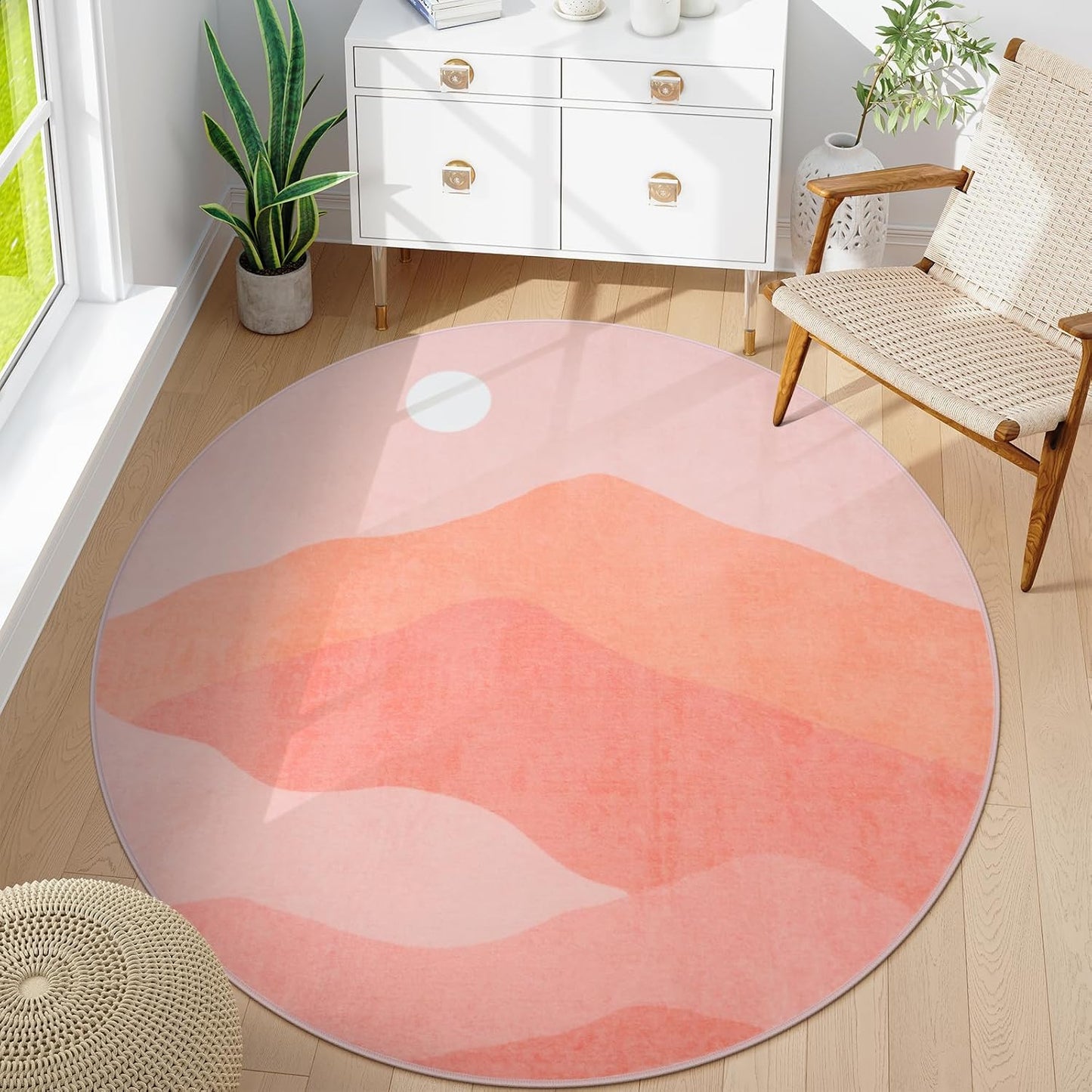 Pink Round Rugs, 4Ft Soft Nursery Rug Non Slip Washable Circle Rug, Modern Mountain Playroom Mat Sunrise Sunset Round Carpet for Kids Room Entryway Bedroom Living Room Dorm