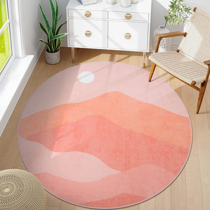 Pink Round Rugs, 4Ft Soft Nursery Rug Non Slip Washable Circle Rug, Modern Mountain Playroom Mat Sunrise Sunset Round Carpet for Kids Room Entryway Bedroom Living Room Dorm
