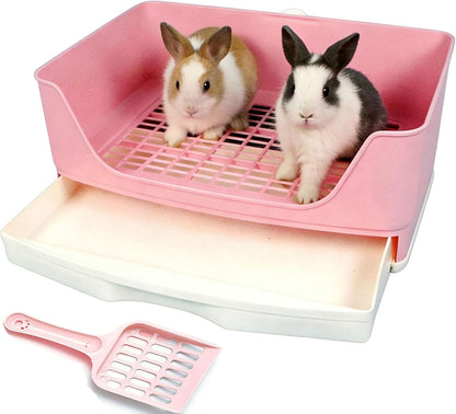 Large Rabbit Litter Box,Corner Potty Trainer with Drawer for Small Animals, Easy Clean Bedding Toilet for Adult Bunny, Guinea Pig, Ferret, Hamster (Pink)