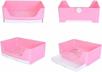 Large Rabbit Litter Box,Corner Potty Trainer with Drawer for Small Animals, Easy Clean Bedding Toilet for Adult Bunny, Guinea Pig, Ferret, Hamster (Pink)