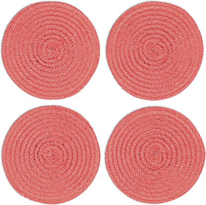 Round Braided Woven Polypropylene Plastic Coaster Set of 4 (Coral)
