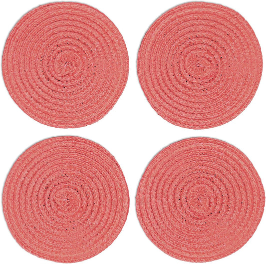 Round Braided Woven Polypropylene Plastic Coaster Set of 4 (Coral)