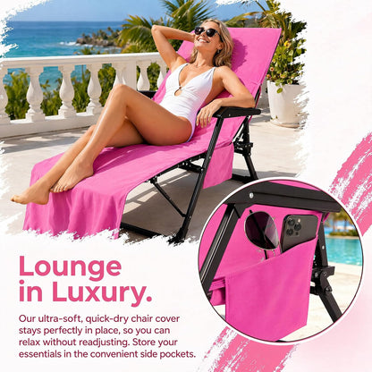 VOCOOL Sun Beach Chair Cover Towel Pool Chair Cover with Side Pockets Chaise Lounge Cover Lounger Mate for Sunbathing Lounger Hotel Garden Holiday Garden Pool, Pink