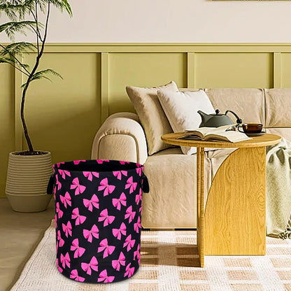 Pink Bow Laundry Basket Funny Bowknot Foldable Waterproof Oxford Cloth Tote Bag Laundry Hamper Round Large Clothes Storage Bucket Organizer For Bathroom/Laundry Storage/Bedroom 18.9x16.5 Inch
