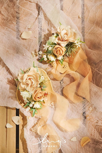 Ling's moment 2pcs Prom Wrist/Shoulder Corsage Artificial Flower, Girl/Mother Homecoming/Wedding Corsage Wristlet Décor, etc. Yellow Orange Peach