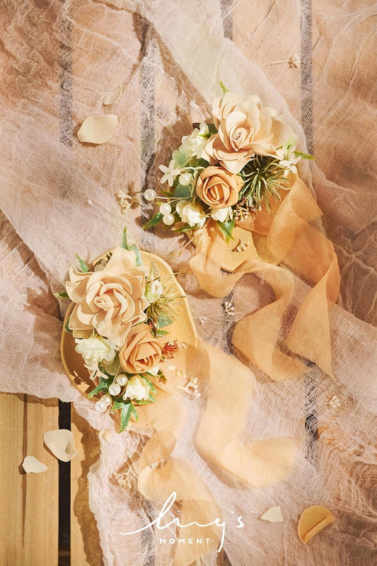 Ling's moment 2pcs Prom Wrist/Shoulder Corsage Artificial Flower, Girl/Mother Homecoming/Wedding Corsage Wristlet Décor, etc. Yellow Orange Peach