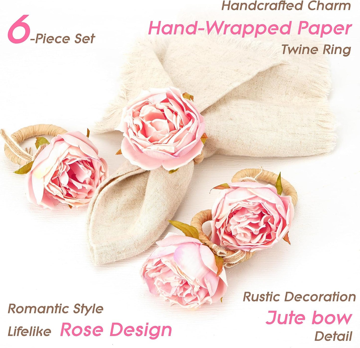 Handcraft Pink Rose Napkin Rings – 6-Pack Handmade Flower Napkin Holders with Jute Wrapped for Romantic Tablescapes, Birthday, Christmas, Thanksgiving, Weddings & Gifting