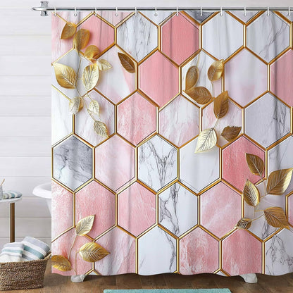 JAWO Pink Shower Curtain, Modern Abstract Geometric Shower Curtains for Bathroom Decor, Gold Leaves Waterproof Polyester Fabric Shower Curtain with 12 Hooks, 36x72