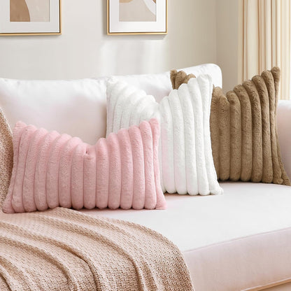 OTOSTAR Blush Pink Faux Rabbit Fur Decorative Throw Pillow Cover 18x18 Inch Soft Cozy Plush Striped Pillowcase Velvet Cushion Cover for Sofa Couch Bed Living Room