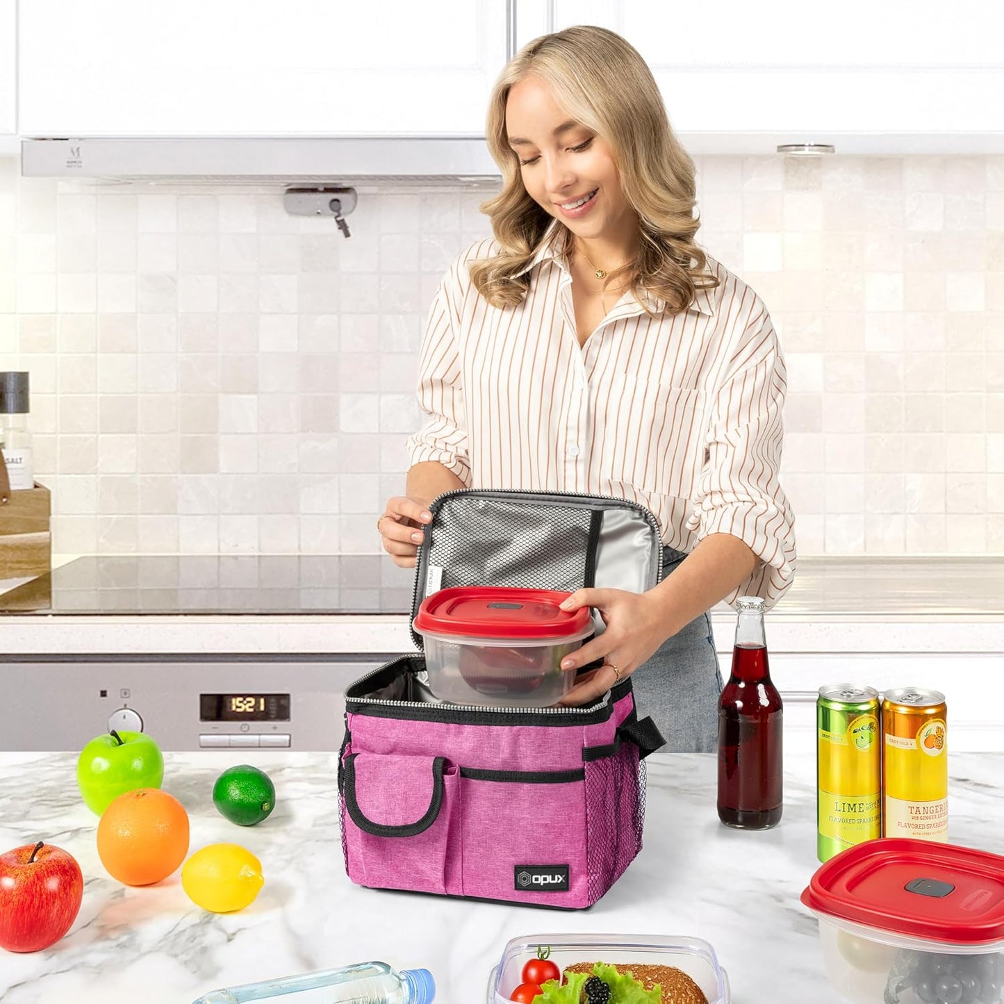 opux Insulated Lunch Box for Men Women Kids, Leakproof Reusable Lunch Bag Cooler for Work School Office, Soft Thermal Lunchbox Tote with Shoulder Strap for Boys Girls Adults, Heather Pink, 14 Can/8L