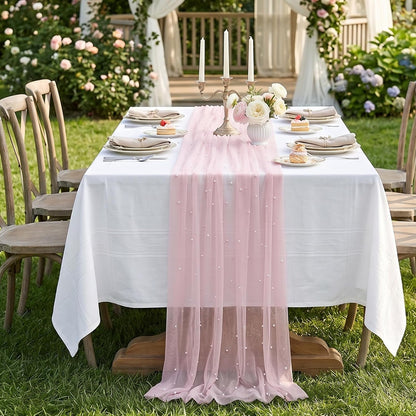 Pink Pearl Table Runner, 30x120 Inch Tulle Fabric Lace Table Runner, Boho Romantic Table-Runners with Pearls, Gauze Table-Runners for Bridal Shower, Birthday Party, Wedding, Dining and Baby Shower
