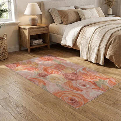 5'x7' Washable Flatwoven Rug, Peach Watercolor Floral Stain Resistant Area Rug for Guest Room, Lounge, Apartment, Non-Slip Low Profile Floor Covering | Ref:2166759