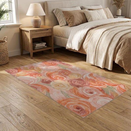 5'x7' Washable Flatwoven Rug, Peach Watercolor Floral Stain Resistant Area Rug for Guest Room, Lounge, Apartment, Non-Slip Low Profile Floor Covering | Ref:2166759