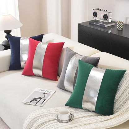 TAOSON Pack of 2 Velvet Decorative Throw Pillow Covers Pink Patchwork with Silver Striped Leather Pillow Covers 18 × 18 Inch Cushion Covers Decor Living Room Sofa Bedroom Car Only Cover No Insert
