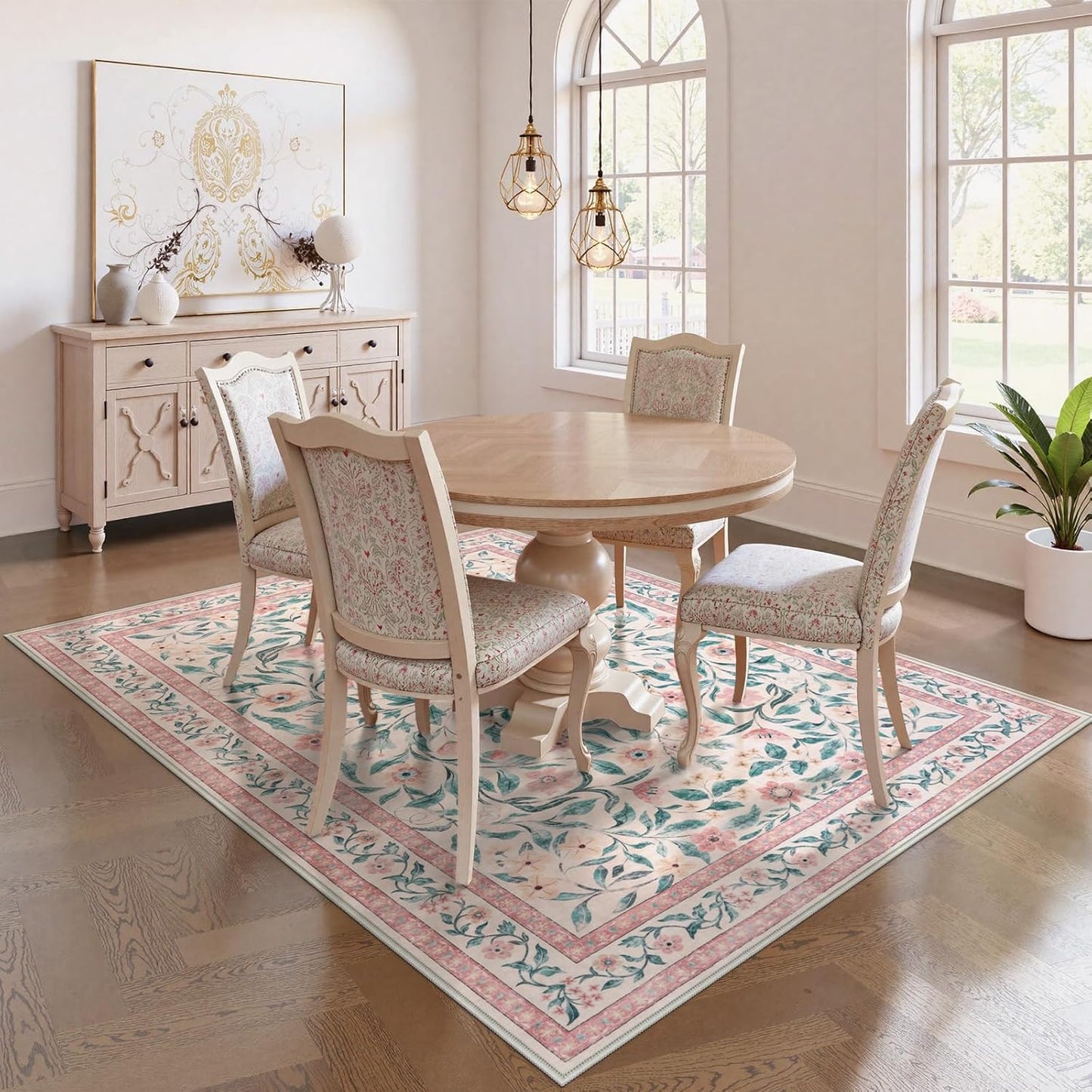 Collive Pink 5x7 Floral Area Rug, Machine Washable Rug for Bedroom Girls, Boho Non Slip Soft Ultra Thin Throw Indoor Rugs for Living Room Nursery Kids Playroom Dining Dorm