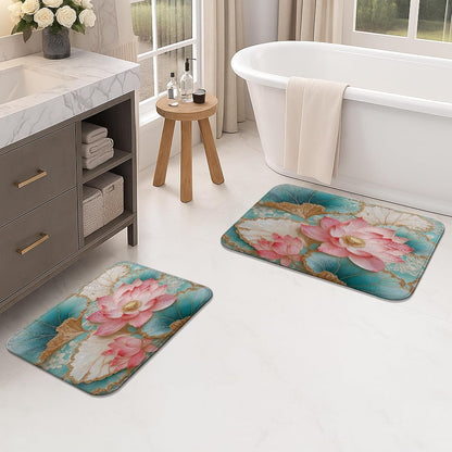 Water Lily Floral Quick Dry Bath Mat, Peach Flower and Leaf Design Non Slip Shower Mat, Memory Foam Washable Bath Rugs for Bathroom 20x32 Inch