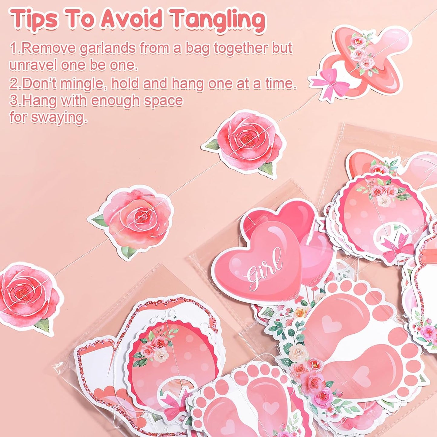 Gueevin Pink Rose Gold Baby Shower Decorations for Girl Pink Flower Garlands Gender Reveal Hanging Banner Backdrop Photo Booth Props for Girls Toddler Baby Shower Wall Ceilling Party Supplies