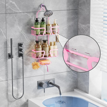 DAOYA Shower Caddy Hanging, Pink Over the Shower Head Caddy with Soap Holder, Bathroom Organizer with Hooks for Razors and Bath Sponges