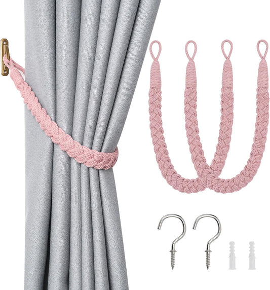 NICEEC 2 Pack Natural Cotton Rope Curtain Tiebacks Elegant Boho Style Decorative Drape Tie Backs Soft Hand-Woven Rope Curtain Holdbacks with Metal Hook for Home & Office Drapery (Pink)