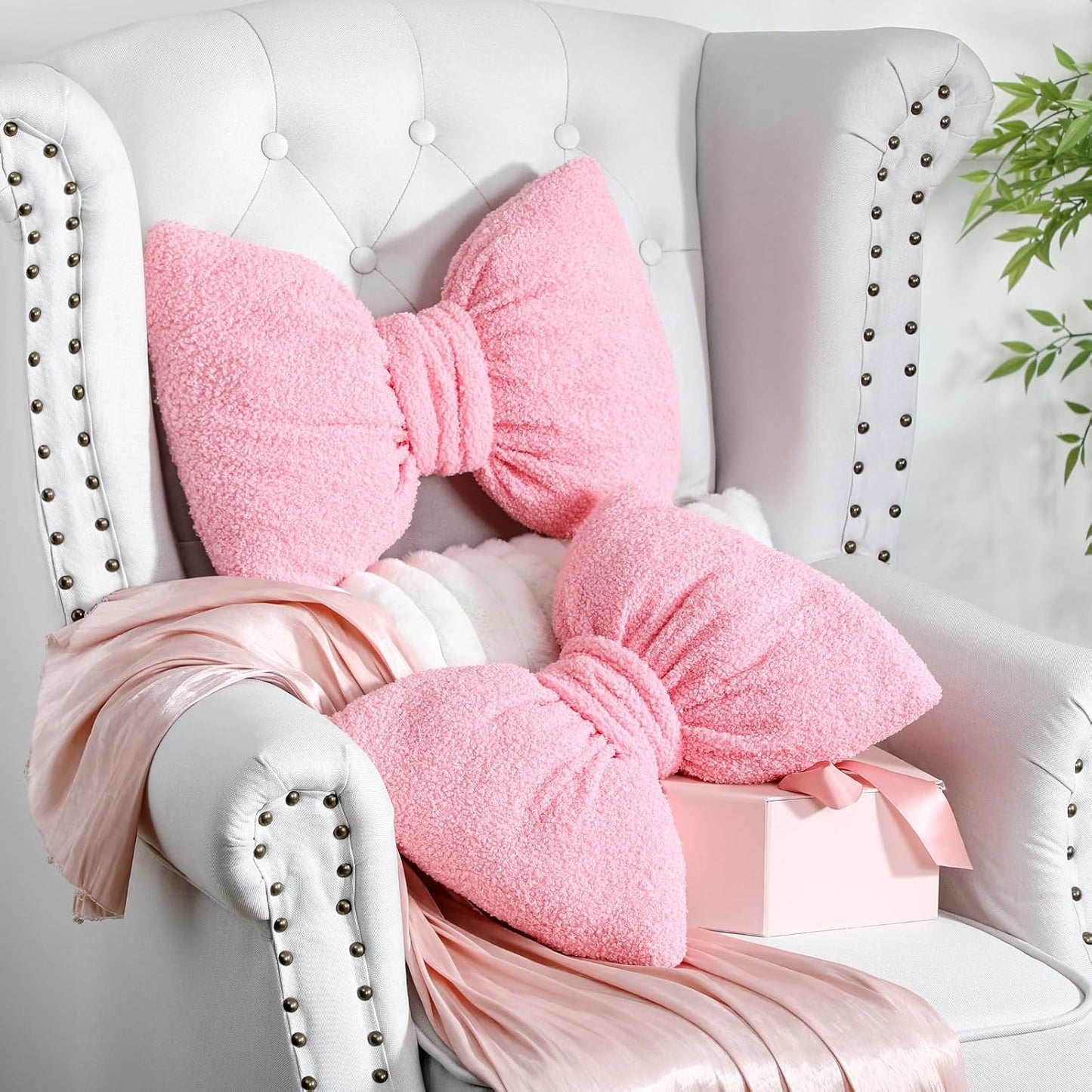Beeveer 2 Pcs Pink Bow Pillows Decorative 15.35 x 11.4 Fluffy Cute Bow Throw Pillows Aesthetic Girly Preppy Decor for Couch Bed Bedroom Coquette Room Decor