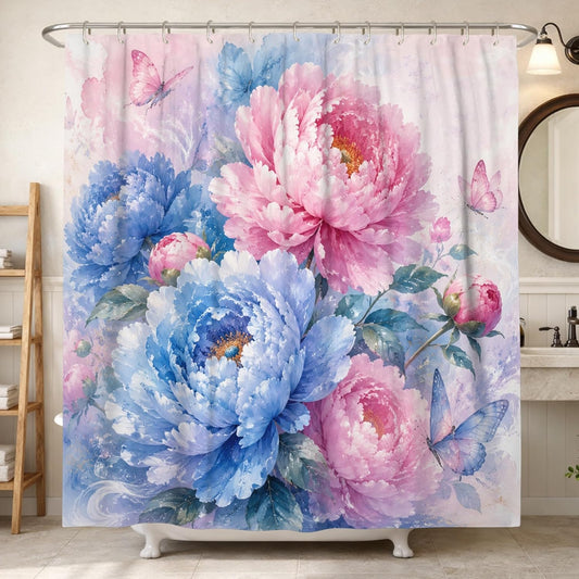 Peony Shower Curtain, Floral Elegant Butterfly Leaf Spring Peach Waterproof Fabric Toile Cloth Shower Curtains for Home Bathroom Toile Hotel Decor 72x78 Inch