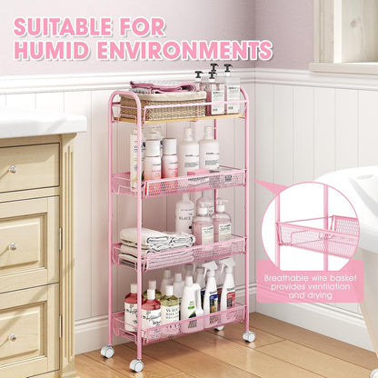 TOOLF 4-Tier Slim Rolling Cart, Metal Storage Cart with Wooden Tabletop and Mesh Baskets for Narrow Space on Kitchen Bathroom Laundry Room Bedroom Apartments Dormitory