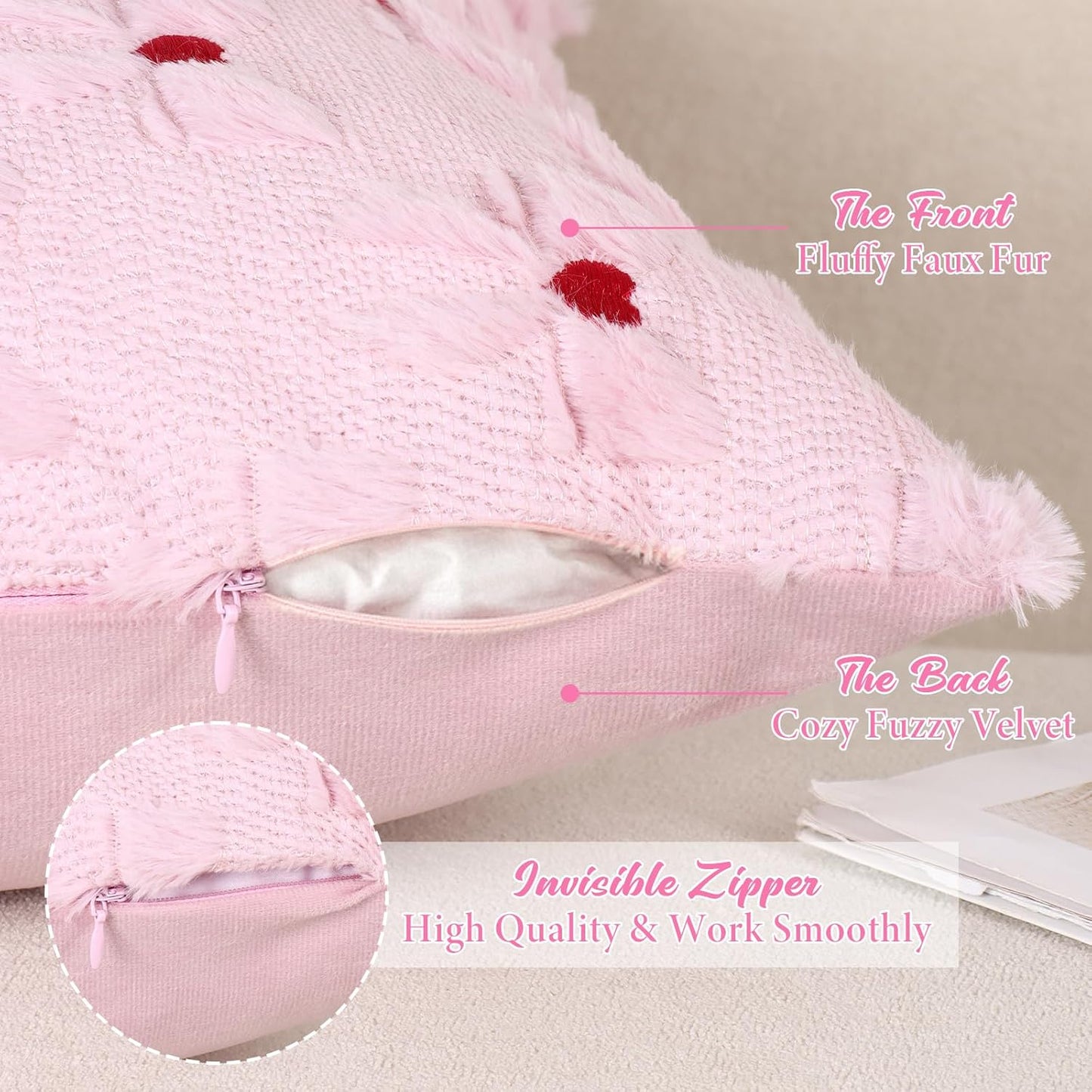 LOMOHOO Pink Bow Pillow Covers Set of 2 Coquette Room Decor Faux Fur Soft Plush Cute Girl Bowknot with Heart 18x18in Decorative Pillowcase for Bed Sofa Couch Preppy Room Decor