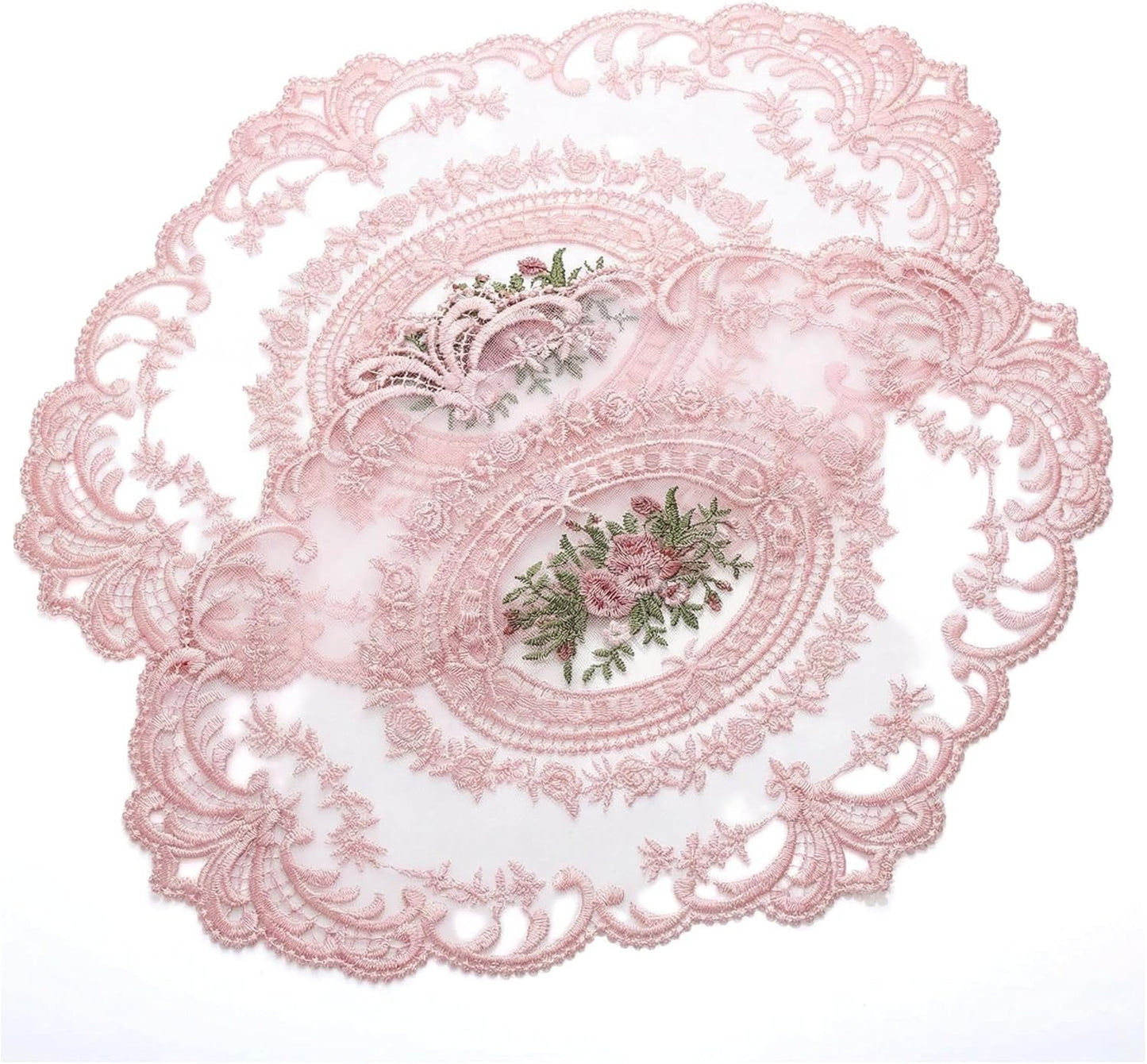 2Pcs Lace Placemats French Style Retro Placemats Pink Doilies Table Runner Lace Dresser Scarves Cup Mat Table Runner with Pink Flowers Doilies