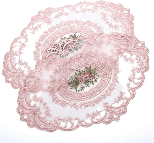 2Pcs Lace Placemats French Style Retro Placemats Pink Doilies Table Runner Lace Dresser Scarves Cup Mat Table Runner with Pink Flowers Doilies