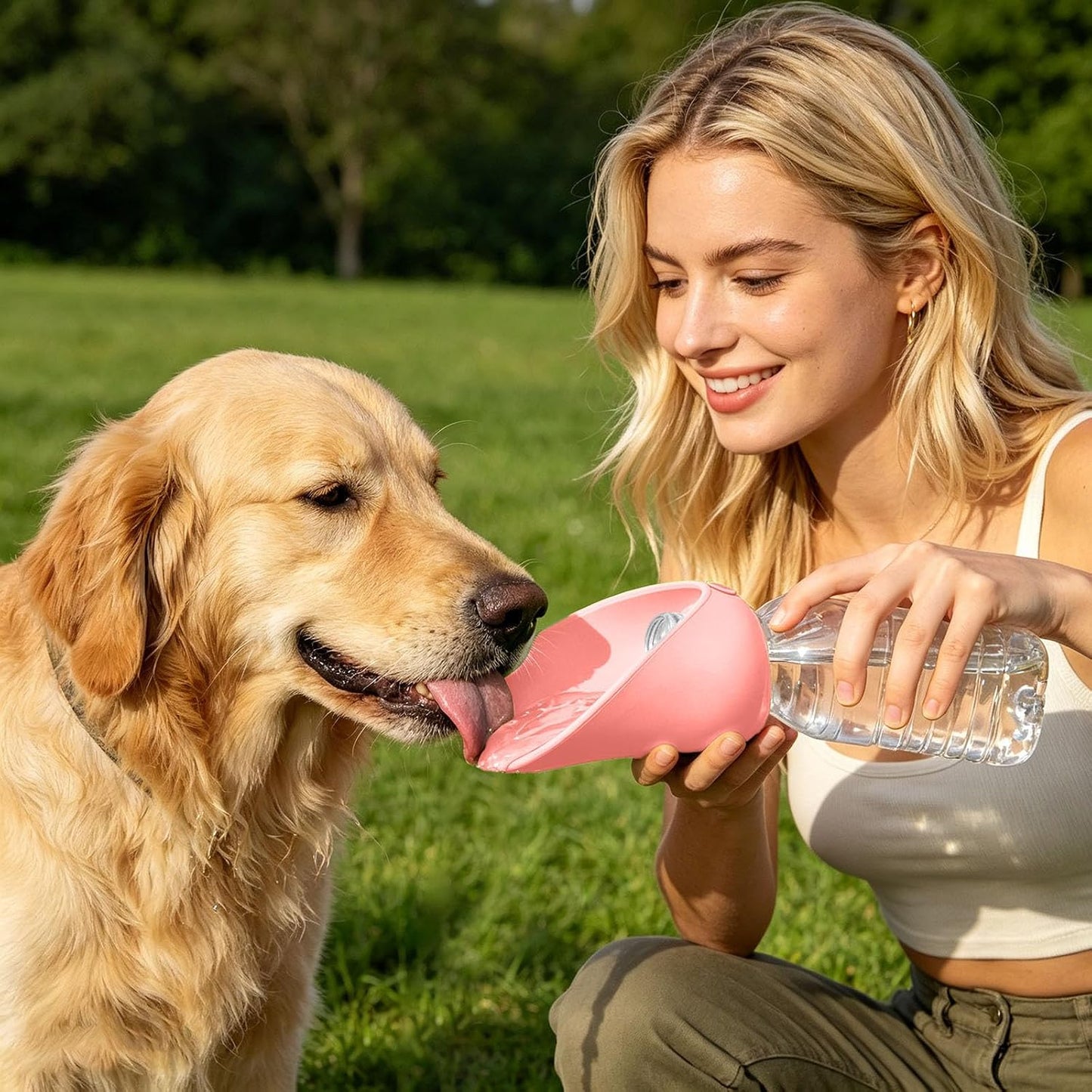 Silicone Dog Water Bottle Adapter, Portable Cat Water Dispenser for Standard Water Bottles, Leakproof Foldable Leaf Pet Dispenser Cap with Water Bowl for Dog Cat Outdoor Walking Hiking (Pink)