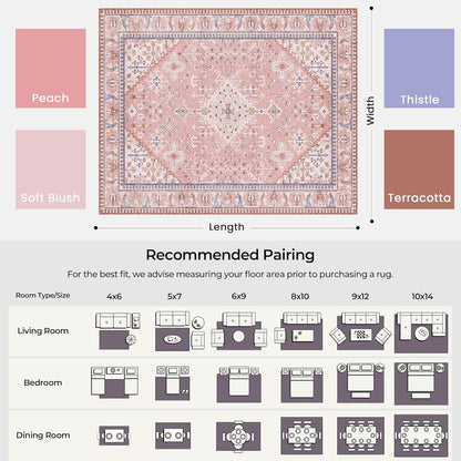 8x10 Area Rugs for Living Room, Machine Washable Low Pile Rug, Non Slip Backing Boho Rugs for Bedroom, Printed Soft Vintage Carpet Peach Pink 8 x 10