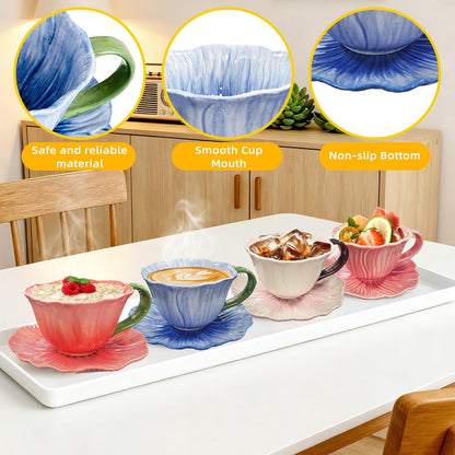 10 oz Tea Cups and Saucers, Ceramic Flower-shaped Cappuccino Cup, Latte Cup and Saucer set, elegant floral Espresso Cup set, Suitable for microwave and dishwasher-Pink