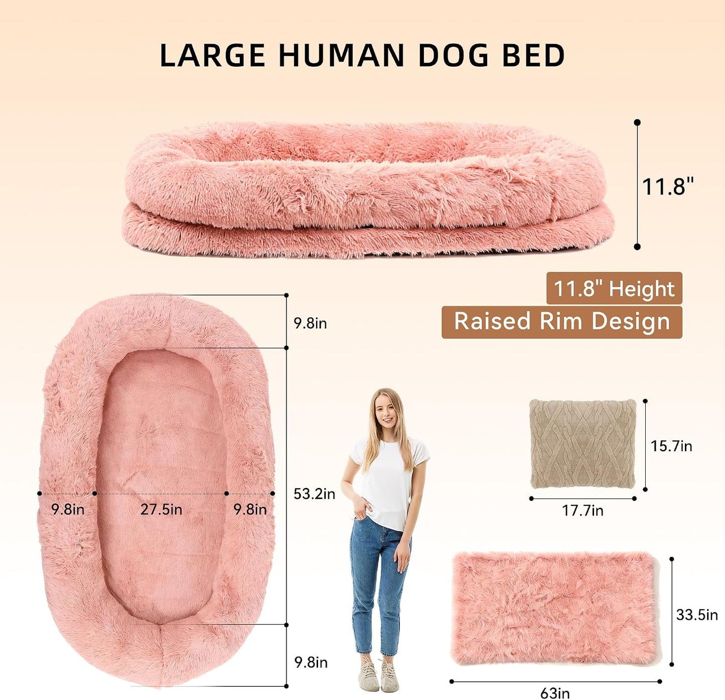 Human Dog Bed with Pillow & Blanket - 71 × 45 × 12 Inch Oversized Pet Bed for Large Dogs, Leak-Resistant Washable Dog Couch Bed for People and Dogs to Share, Soft Long Plush Lounge Pet Sofa Pink.