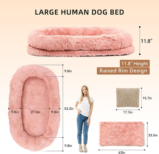 Human Dog Bed with Pillow & Blanket - 71 × 45 × 12 Inch Oversized Pet Bed for Large Dogs, Leak-Resistant Washable Dog Couch Bed for People and Dogs to Share, Soft Long Plush Lounge Pet Sofa Pink.