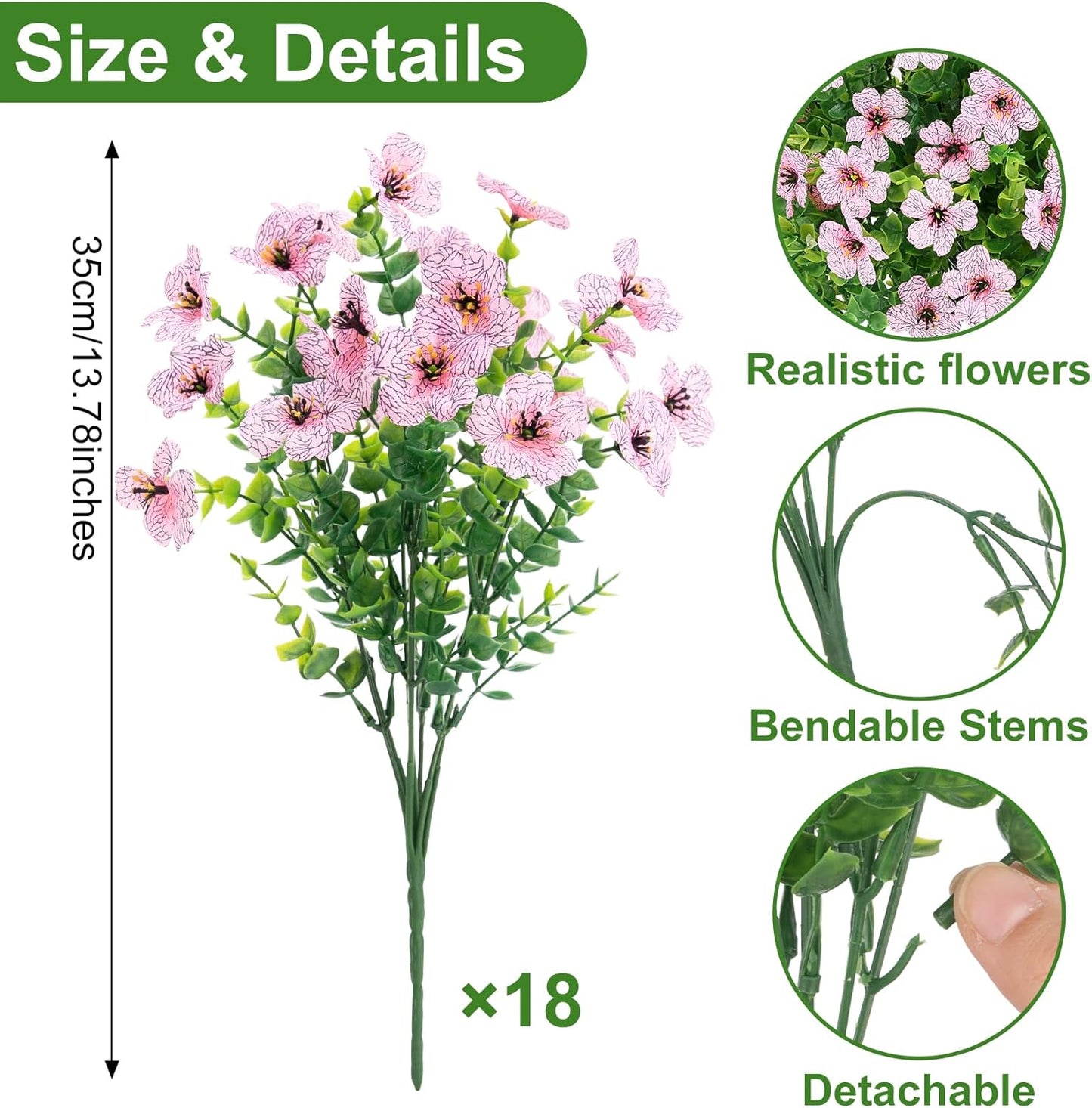Roberly Artificial Flowers for Outdoors, UV Resistant Silk Faux Flowers Daisy with Eucalyptus Greenery Stems Fake Plastic Plants for Spring Summer Patio Garden Home Decor, 18 Bundles, Pink