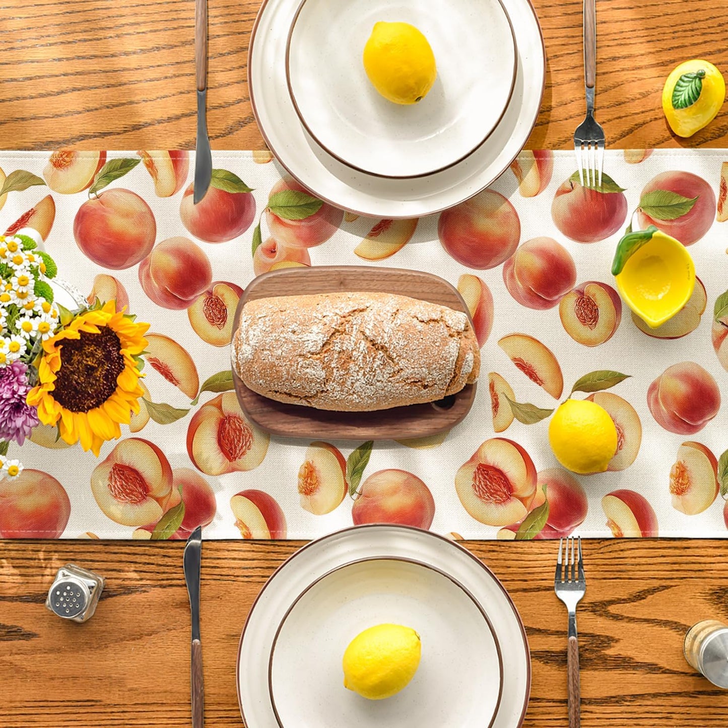 Artoid Mode Peach Leaves Fruit Spring Summer Table Runner, Seasonal Kitchen Dining Table Decoration for Home Party Decor 13x72 Inch