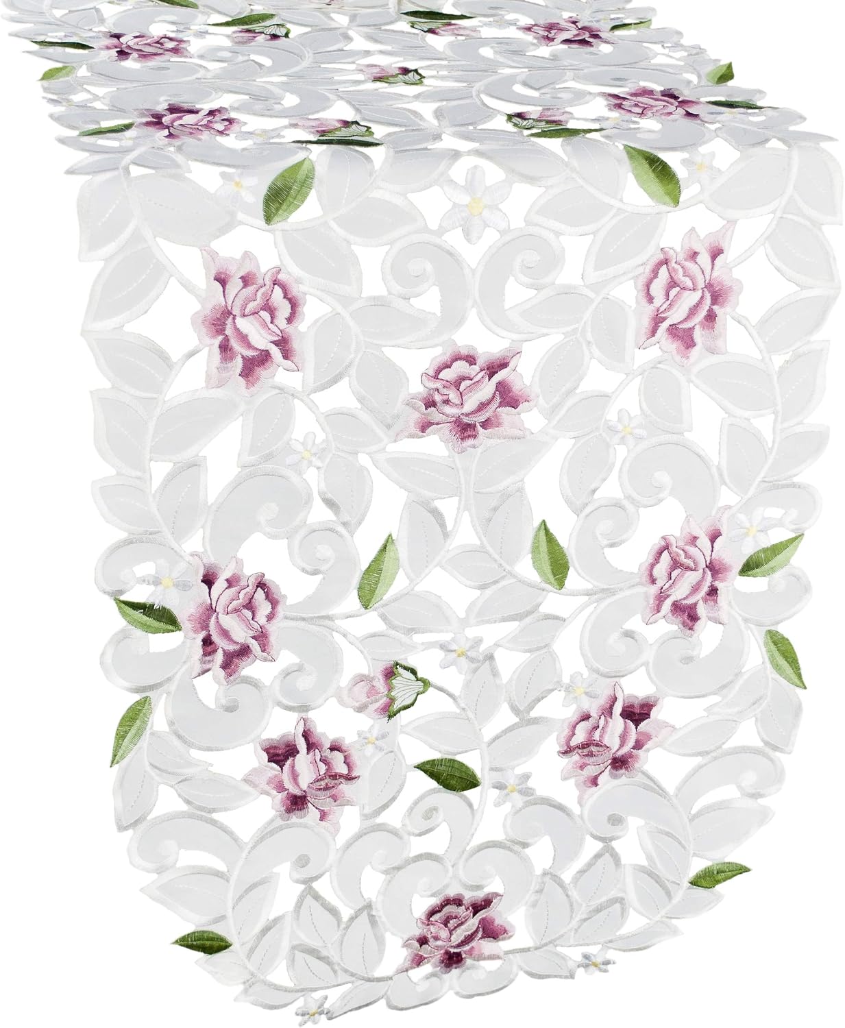 Light Pink Cut Work Roses on Ivory Fabric Table Runner, Dresser Scarf (14Wx54L)
