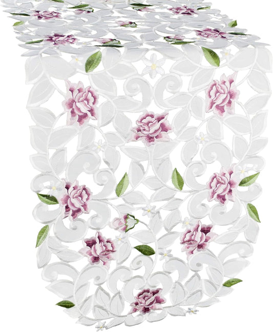 Light Pink Cut Work Roses on Ivory Fabric Table Runner, Dresser Scarf (14Wx54L)