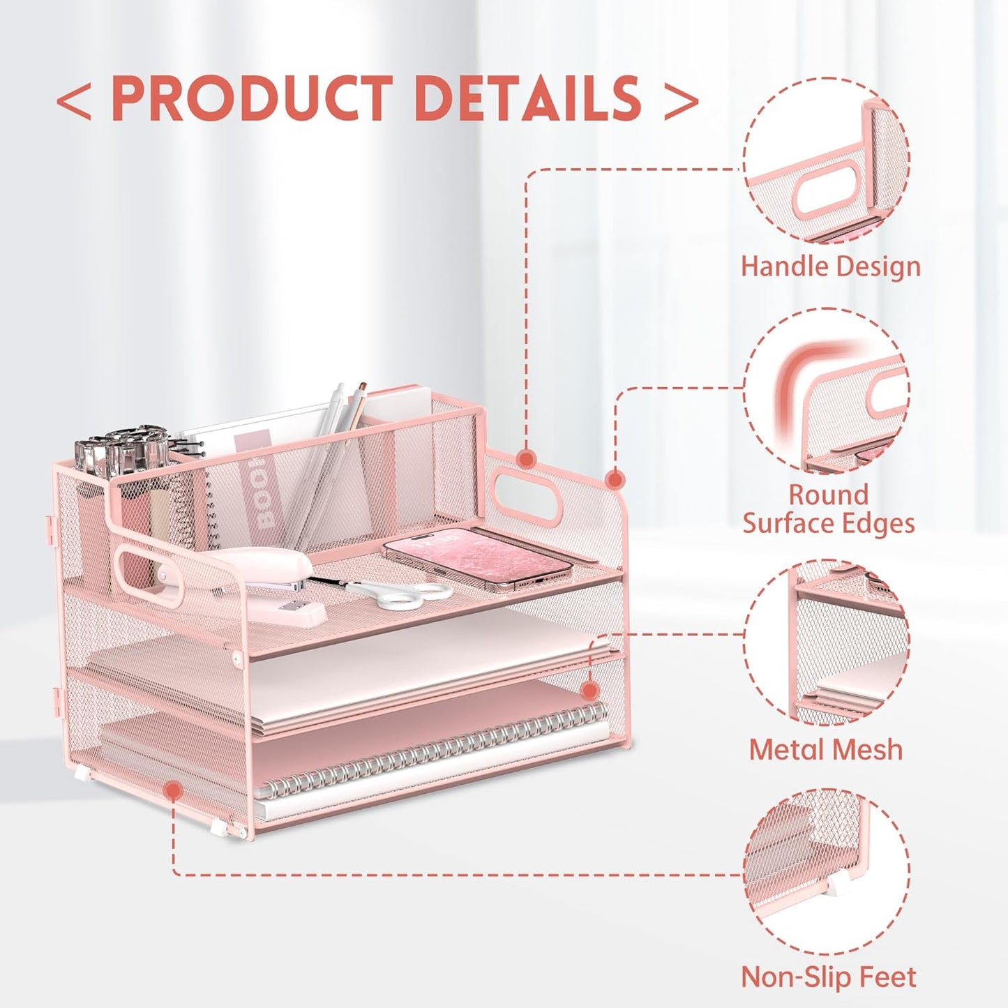 3 Tier Paper Letter Tray Organizer with Pen Holder for Desk, Black Metal Mesh Desk File Folder Sorter Organizer with Handle and Sliding Tray for Home, Office, School Supplies Organization(Pink)
