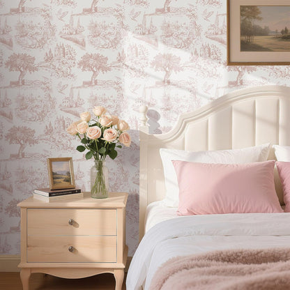 FunStick Vintage Pink Toile Wallpaper Peel and Stick Tree Bird French Country Wallpaper for Girls Bedroom Bathroom Removable de Jouy Beige Toile Contact Paper for Walls Cabinets Waterproof 17.5"x118"
